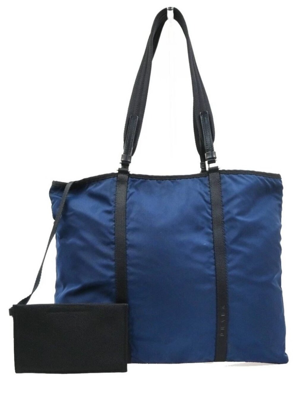 PRADA Logo Shoulder Tote Bag Nylon Canvas Leather Blue Black Italy 36MA685